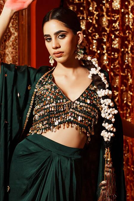 Buy_House Of Anmol Jain_Green Modal Sequins, Beads V-neck Draped Skirt And Hand Embridered Cape Set _Online_at_Aza_Fashions