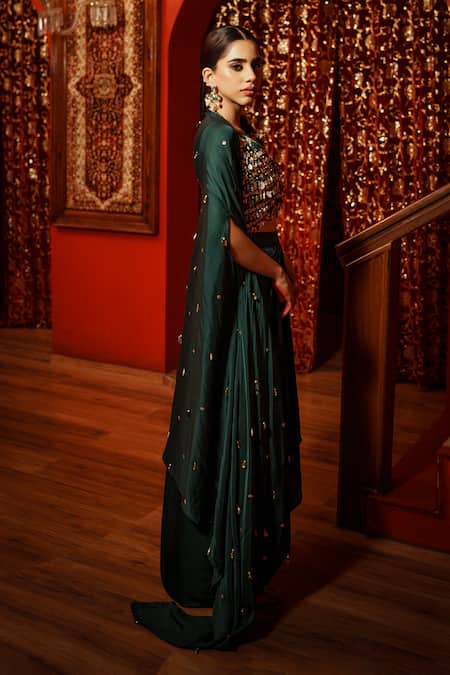 Shop_House Of Anmol Jain_Green Modal Sequins, Beads V-neck Draped Skirt And Hand Embridered Cape Set _Online_at_Aza_Fashions