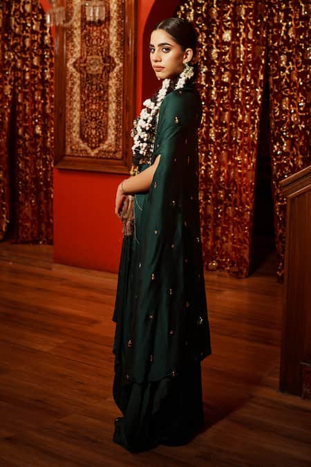 House Of Anmol Jain_Green Modal Sequins, Beads V-neck Draped Skirt And Hand Embridered Cape Set _at_Aza_Fashions