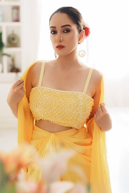 House Of Anmol Jain_Yellow Satin, Georgette Pearls, Sequins Square Cowl Draped Skirt And Bustier Set _Online_at_Aza_Fashions