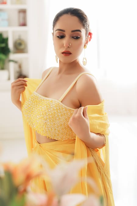 Buy_House Of Anmol Jain_Yellow Satin, Georgette Pearls, Sequins Square Cowl Draped Skirt And Bustier Set _Online_at_Aza_Fashions