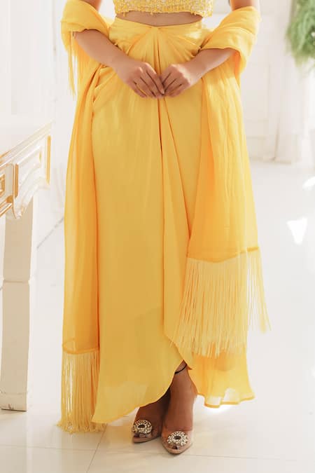 Shop_House Of Anmol Jain_Yellow Satin, Georgette Pearls, Sequins Square Cowl Draped Skirt And Bustier Set _Online_at_Aza_Fashions