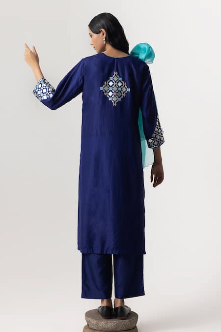 Shop Naina Jain Blue Silk, Organza Gota Patti Round Neck Embroidered Kurta Pant Set at Aza Fashions Shop_Naina Jain_Blue Silk, Organza Gota Patti Round Neck Embroidered Kurta Pant Set _at_Aza_Fashions