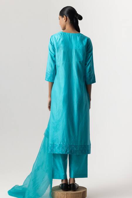 Shop_Naina Jain_Blue Silk, Organza Embroidery Round Neck Circle Yoke Kurta Pant Set _at_Aza_Fashions