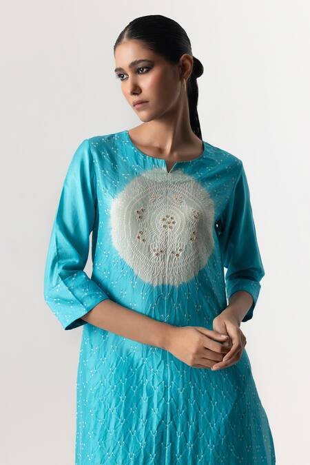 Shop_Naina Jain_Blue Silk, Organza Embroidery Round Neck Circle Yoke Kurta Pant Set _Online_at_Aza_Fashions