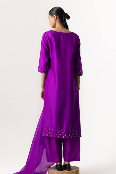 Shop Naina Jain Purple Silk, Organza Embroidery Round Neck Gota Patti Work Yoke Kurta Pant Set at Aza Fashions Shop_Naina Jain_Purple Silk, Organza Embroidery Round Neck Gota Patti Work Yoke Kurta Pant Set _at_Aza_Fashions