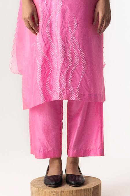 Naina Jain Pink Silk, Organza Mirrors Split V-neck Bandhani Work Kurta Pant Set Online at Aza Fashions Naina Jain_Pink Silk, Organza Mirrors Split V-neck Bandhani Work Kurta Pant Set _Online_at_Aza_Fashions