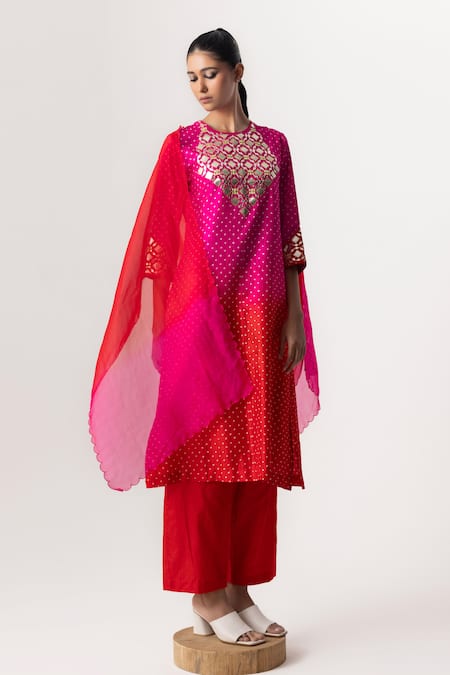 Buy Naina Jain Pink Silk, Organza Gota Patti Round Neck Embroidered Yoke Kurta Pant Set Online at Aza Fashions Buy_Naina Jain_Pink Silk, Organza Gota Patti Round Neck Embroidered Yoke Kurta Pant Set _Online_at_Aza_Fashions