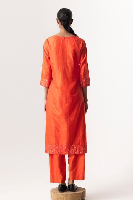 Shop Naina Jain Orange Silk, Organza Embroidery, Gota Patti Round Bandhani Yoke Kurta Pant Set at Aza Fashions Shop_Naina Jain_Orange Silk, Organza Embroidery, Gota Patti Round Bandhani Yoke Kurta Pant Set _at_Aza_Fashions