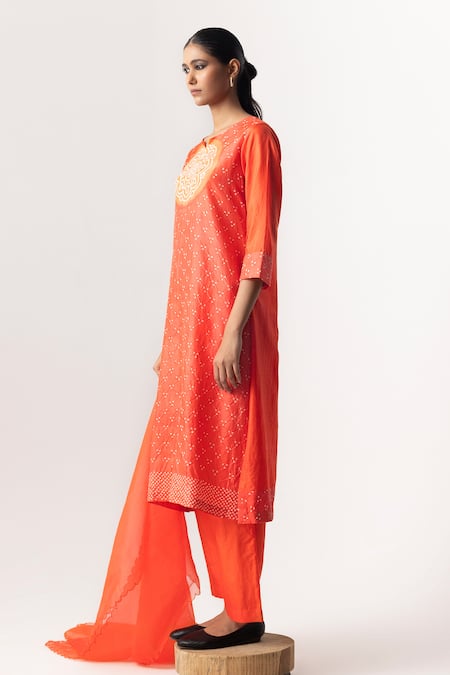 Buy Naina Jain Orange Silk, Organza Embroidery, Gota Patti Round Bandhani Yoke Kurta Pant Set Online at Aza Fashions Buy_Naina Jain_Orange Silk, Organza Embroidery, Gota Patti Round Bandhani Yoke Kurta Pant Set _Online_at_Aza_Fashions