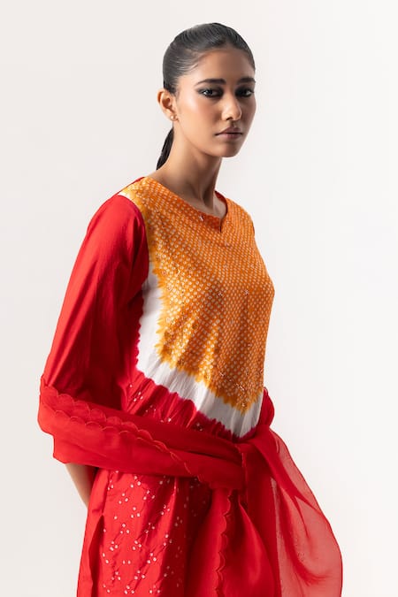 Shop Naina Jain Red Silk, Organza Mirrors Split V-neck Bandhani Yoke Embroidered Kurta Pant Set Online at Aza Fashions Shop_Naina Jain_Red Silk, Organza Mirrors Split V-neck Bandhani Yoke Embroidered Kurta Pant Set _Online_at_Aza_Fashions