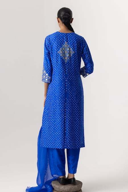 Shop Naina Jain Blue Silk, Organza Gota Patti Round Neck Embroidered Kurta Pant Set at Aza Fashions Shop_Naina Jain_Blue Silk, Organza Gota Patti Round Neck Embroidered Kurta Pant Set _at_Aza_Fashions
