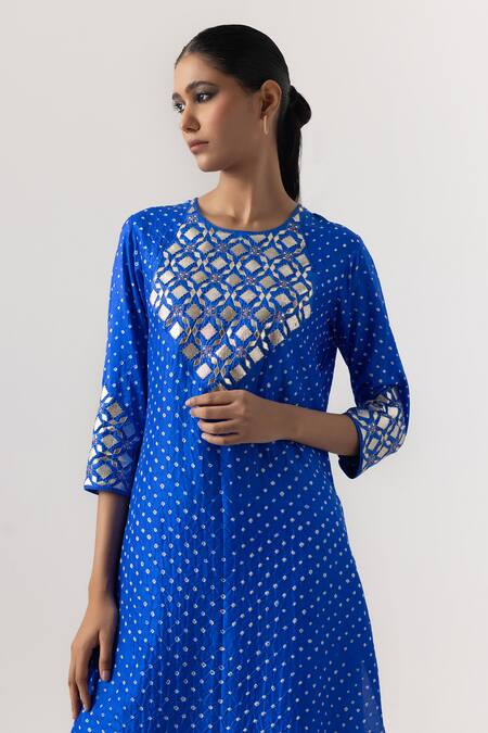 Shop Naina Jain Blue Silk, Organza Gota Patti Round Neck Embroidered Kurta Pant Set Online at Aza Fashions Shop_Naina Jain_Blue Silk, Organza Gota Patti Round Neck Embroidered Kurta Pant Set _Online_at_Aza_Fashions