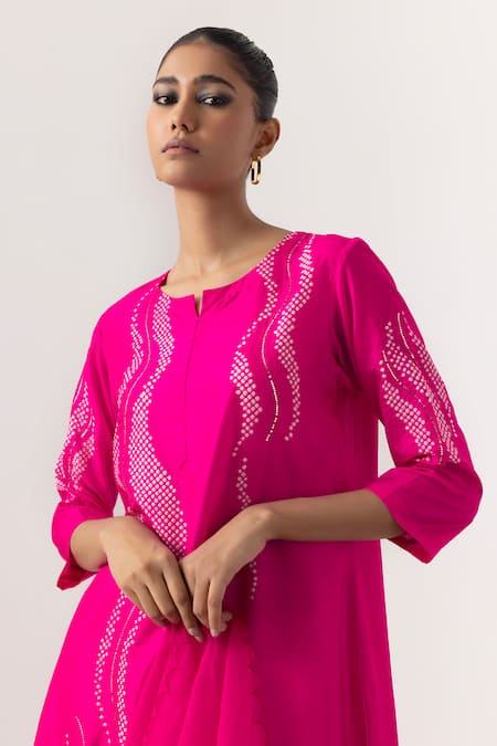 Shop Naina Jain Pink Silk, Organza Split V-neck Bandhani Wave Pattern Kurta Pant Set Online at Aza Fashions Shop_Naina Jain_Pink Silk, Organza Split V-neck Bandhani Wave Pattern Kurta Pant Set _Online_at_Aza_Fashions