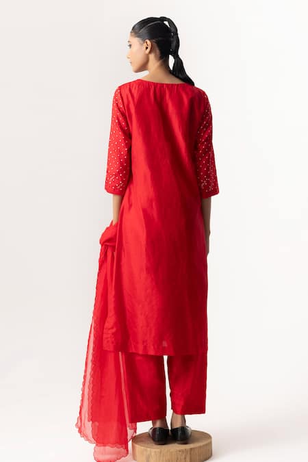 Shop Naina Jain Red Silk, Organza Mirrors Round Neck Chevron Pattern Bandhani Kurta Pant Set at Aza Fashions Shop_Naina Jain_Red Silk, Organza Mirrors Round Neck Chevron Pattern Bandhani Kurta Pant Set _at_Aza_Fashions