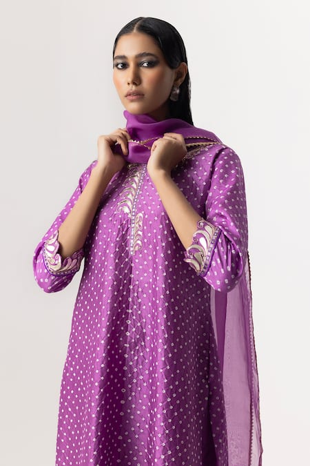Shop Naina Jain Purple Silk, Organza Embroidery, Gota Patti Round Neck Work Kurta Pant Set Online at Aza Fashions Shop_Naina Jain_Purple Silk, Organza Embroidery, Gota Patti Round Neck Work Kurta Pant Set _Online_at_Aza_Fashions