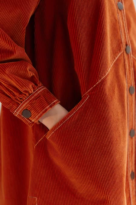 NOIB_Orange Corduroy Collared Thais Shirt Dress _Online_at_Aza_Fashions