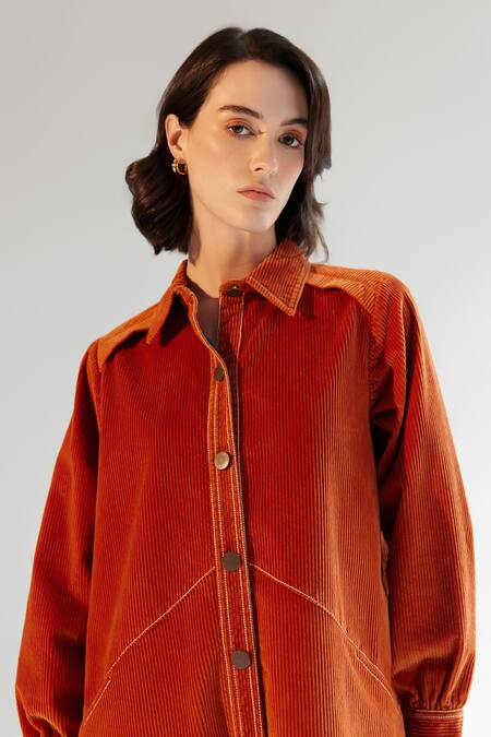 Shop_NOIB_Orange Corduroy Collared Thais Shirt Dress _Online_at_Aza_Fashions