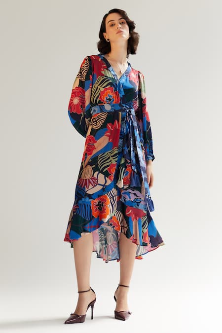 NOIB Multi Color Modal Satin Printed Amazonica V Neck Luna And Starstruck Dress 