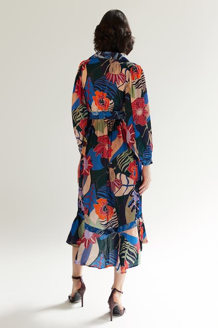 Shop NOIB Multi Color Modal, Satin V-neck Luna Amazonica And Starstruck Print Dress at Aza Fashions Shop_NOIB_Multi Color Modal, Satin V-neck Luna Amazonica And Starstruck Print Dress _at_Aza_Fashions