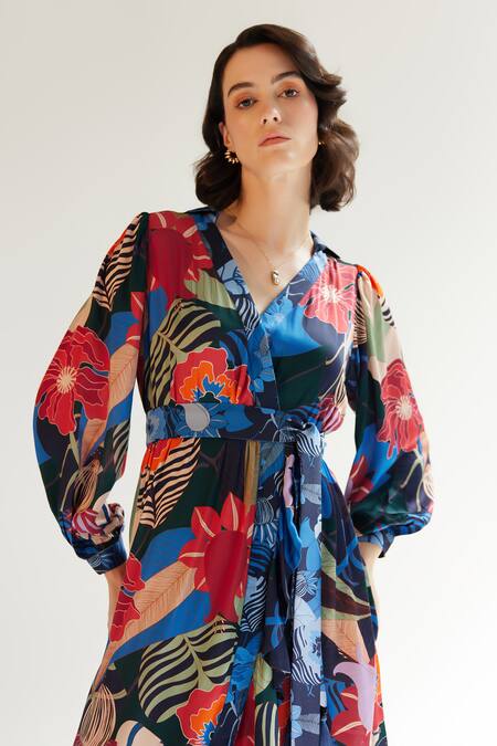 Buy NOIB Multi Color Modal, Satin V-neck Luna Amazonica And Starstruck Print Dress Online at Aza Fashions Buy_NOIB_Multi Color Modal, Satin V-neck Luna Amazonica And Starstruck Print Dress _Online_at_Aza_Fashions