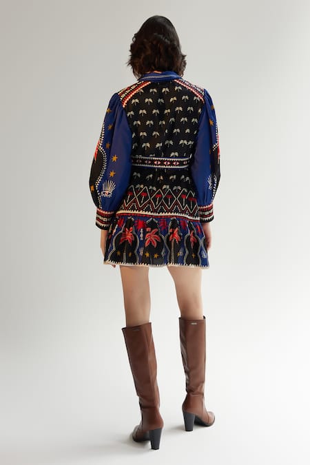 Shop NOIB Multi Color Cotton, Silk Tassels Collared Celia Tropical Placement Print Dress at Aza Fashions Shop_NOIB_Multi Color Cotton, Silk Tassels Collared Celia Tropical Placement Print Dress _at_Aza_Fashions