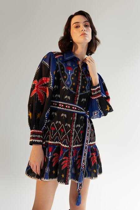 NOIB Multi Color Cotton, Silk Tassels Collared Celia Tropical Placement Print Dress Online at Aza Fashions NOIB_Multi Color Cotton, Silk Tassels Collared Celia Tropical Placement Print Dress _Online_at_Aza_Fashions
