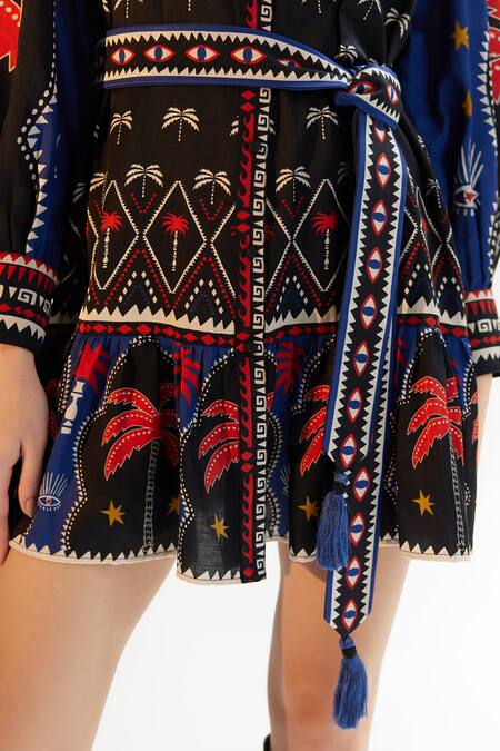 Buy NOIB Multi Color Cotton, Silk Tassels Collared Celia Tropical Placement Print Dress Online at Aza Fashions Buy_NOIB_Multi Color Cotton, Silk Tassels Collared Celia Tropical Placement Print Dress _Online_at_Aza_Fashions