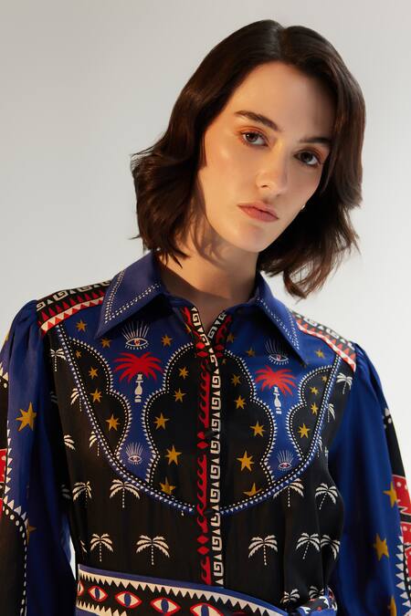 Shop NOIB Multi Color Cotton, Silk Tassels Collared Celia Tropical Placement Print Dress Online at Aza Fashions Shop_NOIB_Multi Color Cotton, Silk Tassels Collared Celia Tropical Placement Print Dress _Online_at_Aza_Fashions