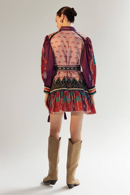 Shop_Noib_Multi Color Cotton, Silk Tassels Collared Celia Garden Print Dress _at_Aza_Fashions