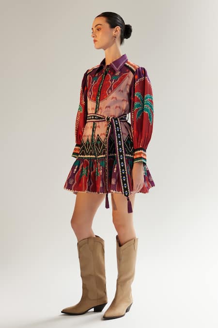 Noib_Multi Color Cotton, Silk Tassels Collared Celia Garden Print Dress _Online_at_Aza_Fashions
