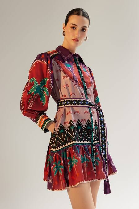 Buy_Noib_Multi Color Cotton, Silk Tassels Collared Celia Garden Print Dress _Online_at_Aza_Fashions