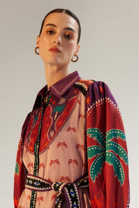 Noib_Multi Color Cotton, Silk Tassels Collared Celia Garden Print Dress _at_Aza_Fashions