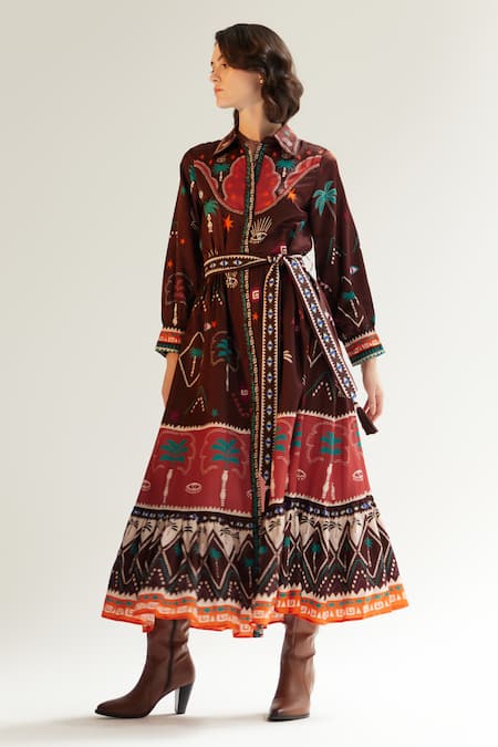 NOIB_Multi Color Cotton, Silk Embroidery Collared Celia Printed Dress _Online_at_Aza_Fashions