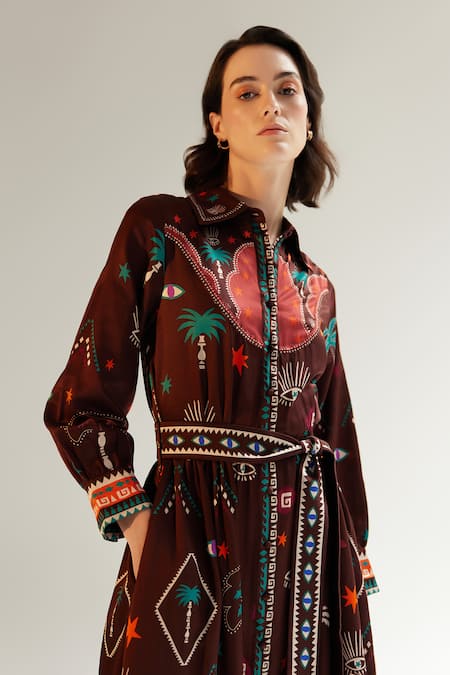Buy_NOIB_Multi Color Cotton, Silk Embroidery Collared Celia Printed Dress _Online_at_Aza_Fashions