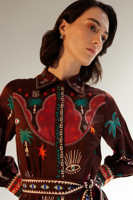 NOIB_Multi Color Cotton, Silk Embroidery Collared Celia Printed Dress _at_Aza_Fashions