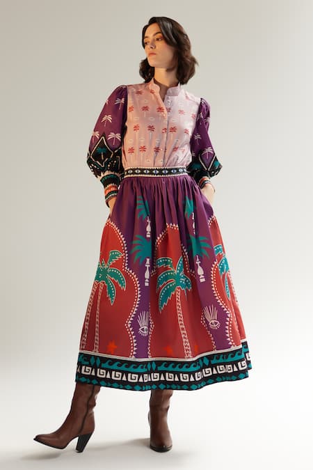 NOIB Multi Color Cotton Satin Printed Arabian Night Elle Skirt 