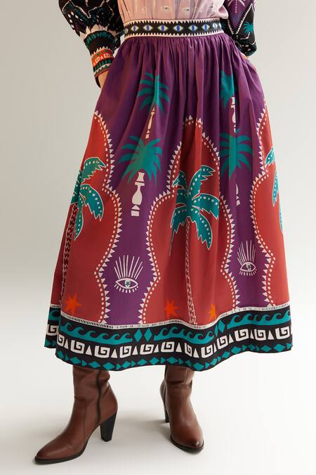 Noib_Multi Color Cotton Satin Printed Arabian Night Elle Skirt _Online_at_Aza_Fashions