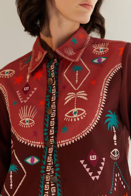 NOIB_Brown Cotton, Twill Collared Celia Arabian Night Print Shirt _Online_at_Aza_Fashions