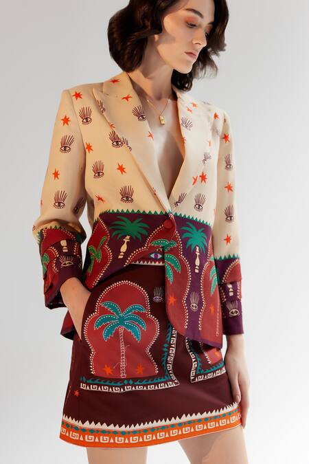 Shop NOIB Multi Color Wool, Modal Dua Arabian Night Print Blazer Online at Aza Fashions Shop_NOIB_Multi Color Wool, Modal Dua Arabian Night Print Blazer _Online_at_Aza_Fashions