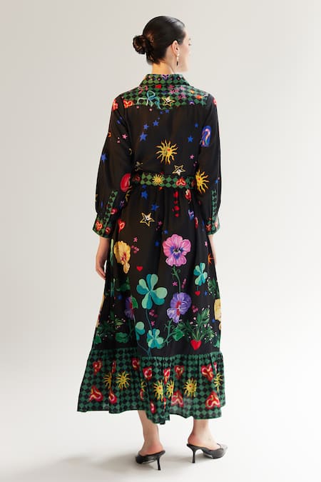 Shop NOIB Multi Color Cotton, Silk Collared Celia Garden Of Eden Print Dress With Belt at Aza Fashions Shop_NOIB_Multi Color Cotton, Silk Collared Celia Garden Of Eden Print Dress With Belt _at_Aza_Fashions