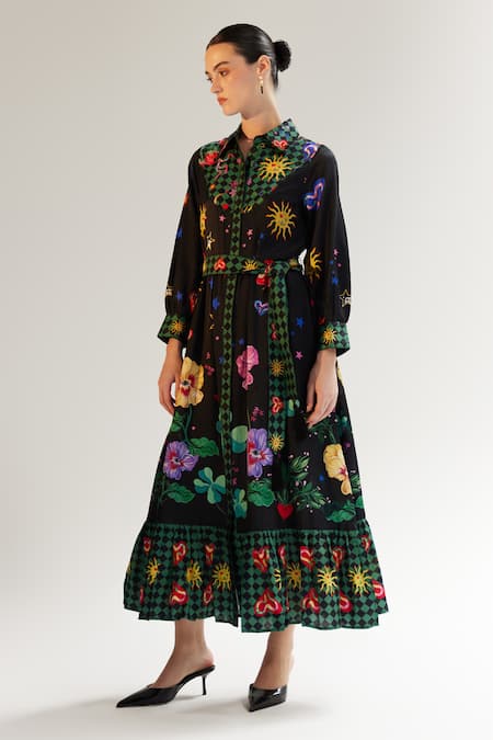 NOIB Multi Color Cotton, Silk Collared Celia Garden Of Eden Print Dress With Belt Online at Aza Fashions NOIB_Multi Color Cotton, Silk Collared Celia Garden Of Eden Print Dress With Belt _Online_at_Aza_Fashions