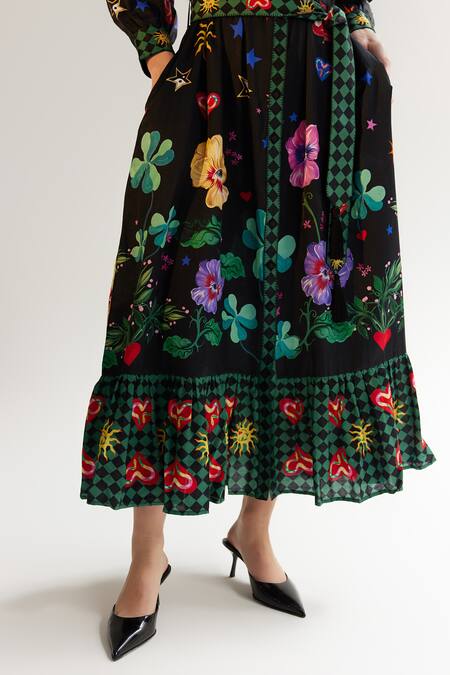 Buy NOIB Multi Color Cotton, Silk Collared Celia Garden Of Eden Print Dress With Belt Online at Aza Fashions Buy_NOIB_Multi Color Cotton, Silk Collared Celia Garden Of Eden Print Dress With Belt _Online_at_Aza_Fashions