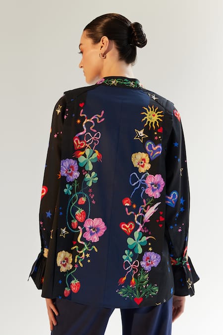Shop NOIB Blue Cotton Satin Embroidery Mandarin Vega Garden Of Eden Print Shirt With Belt at Aza Fashions Shop_NOIB_Blue Cotton Satin Embroidery Mandarin Vega Garden Of Eden Print Shirt With Belt _at_Aza_Fashions