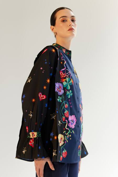 NOIB Blue Cotton Satin Embroidery Mandarin Vega Garden Of Eden Print Shirt With Belt Online at Aza Fashions NOIB_Blue Cotton Satin Embroidery Mandarin Vega Garden Of Eden Print Shirt With Belt _Online_at_Aza_Fashions