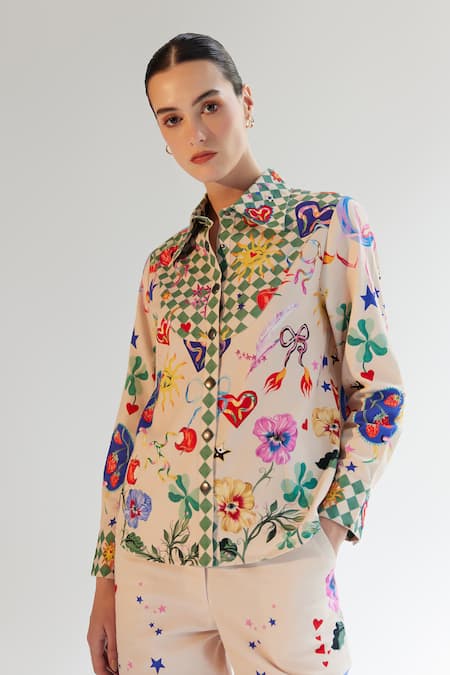 NOIB Multi Color Cotton Twill Printed Garden Of Eden Collar Celia Shirt 