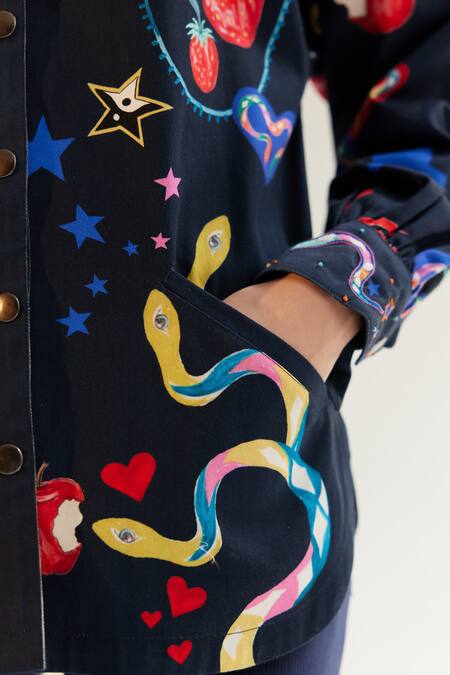 NOIB_Blue Cotton, Twill Collared Xena Garden Of Eden Print Shirt_Online_at_Aza_Fashions