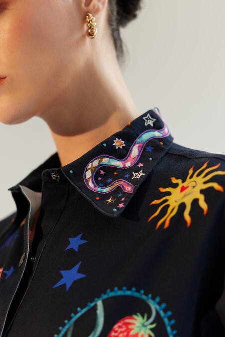 Buy_NOIB_Blue Cotton, Twill Collared Xena Garden Of Eden Print Shirt_Online_at_Aza_Fashions