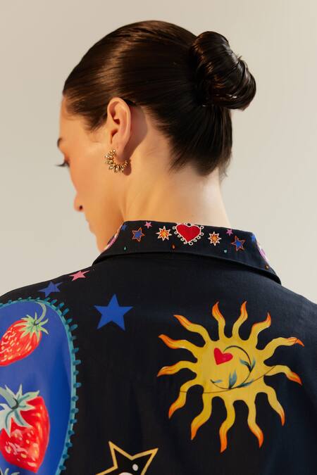 Shop_NOIB_Blue Cotton, Twill Collared Xena Garden Of Eden Print Shirt_Online_at_Aza_Fashions