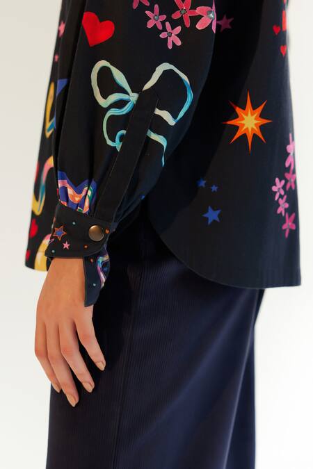 NOIB_Blue Cotton, Twill Collared Xena Garden Of Eden Print Shirt_at_Aza_Fashions